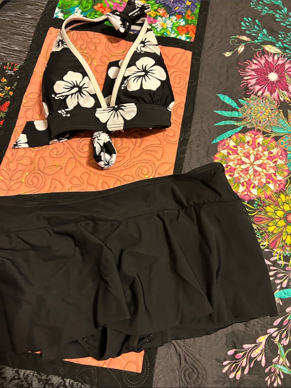 Black Floral Halter Bikini Top with Black Swim Skirt - Great Condition